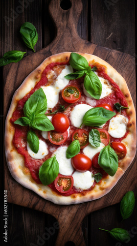 A Caprese Pizza on a Rustic Table
