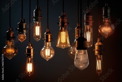 Decorative vintage Edison style incandescent light bulbs on a dark background in a loft style interior. Generative AI