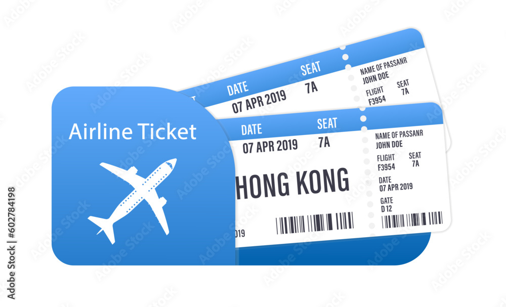 Vecteur Stock Blue airline tickets or boarding pass inside of special  service envelope. Modern and realistic airline ticket design with flight  time and passenger name. Concept of travel. Vector illustration | Adobe