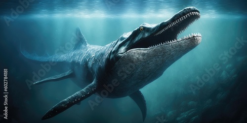 Obraz na płótnie Underwater prehistoric creature or dinosaur swimming underwater