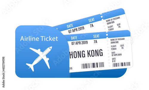 Blue airline tickets or boarding pass inside of special service envelope. Modern and realistic airline ticket design with flight time and passenger name. Concept of travel. Vector illustration