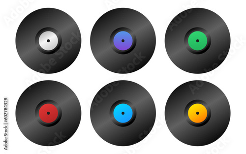 Vector set of vinyl records on an isolated transparent background. Vinyl records in different colors PNG. Old CDs, music. PNG. Vector illustration