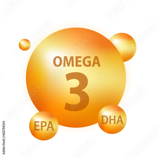 Brilliant nutrition fish oil, Omega-3, good health, isolated on white background. 3D illustration. Natural fish, organic vitamins, nutrients. Omega fatty acids, EPA, DHA. Vector illustration
