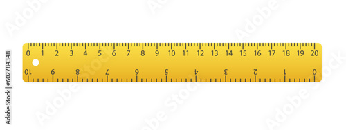 Rulers 20 centimeters with isolated on white. Measuring tool. School supplies. Plastic yellow insulated ruler with double side measuring inches and centimeters. Vector illustration