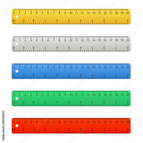 Set Rulers 20 centimeters with isolated on white. Measuring tool. School supplies. Plastic yellow insulated ruler with double side measuring inches and centimeters. Vector illustration