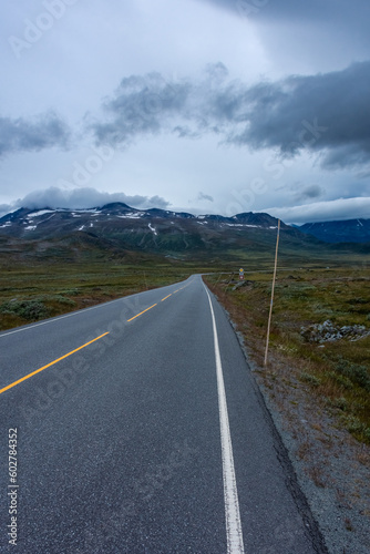 Empty road through the tundra of central Norway with cloudy and moody sky