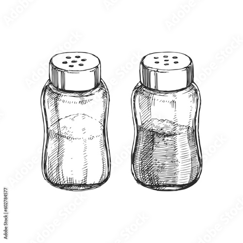 Vector hand-drawn illustration of salt and pepper shakers isolated on white. Sketch of glass jars with spices in engraving style.