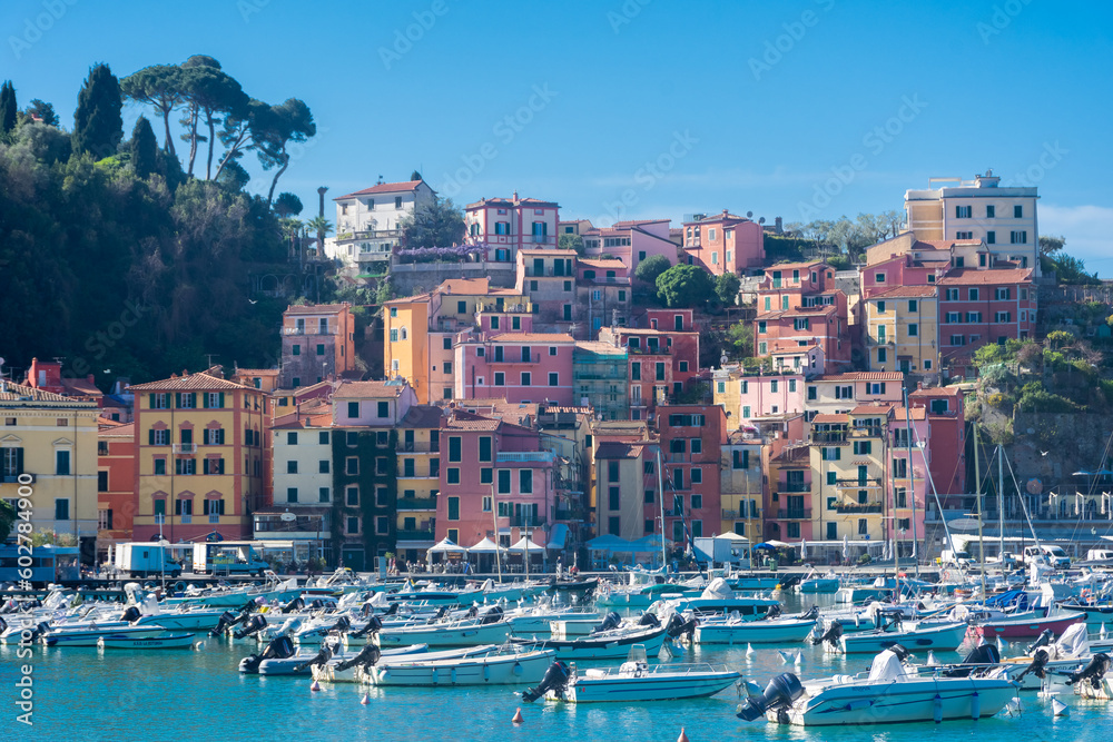 Lerici, Italy, 13 April 2022:  View of the seaside colorful town of Lerici in Liguria