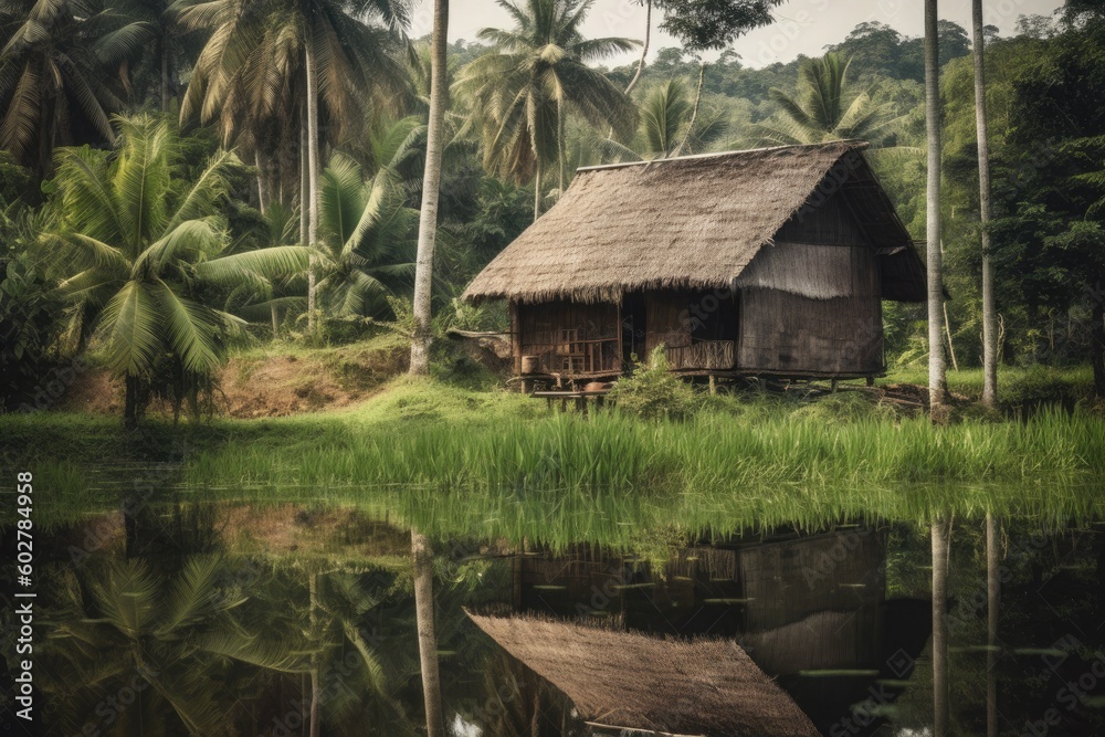 Traditional Nipa Hut in a Rural Landscape, Surrounded by Lush Greenery and Reflecting the Simplicity of Rural Living Traditional Nipa Hut in a Rural Landscape, Surrounded by Lush Greenery and Reflecting the Simplicity of Rural Living