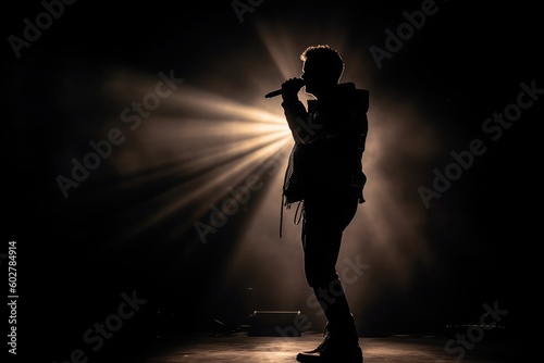 Silhouette of a Singer Holding a Microphone on Stage, Illuminated by a Dramatic Spotlight