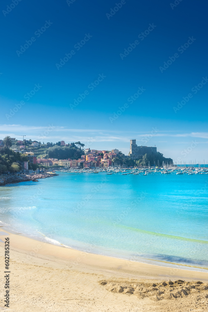 Beautiful beach and turquoise water in front of Lerici town, Liguria,Italy