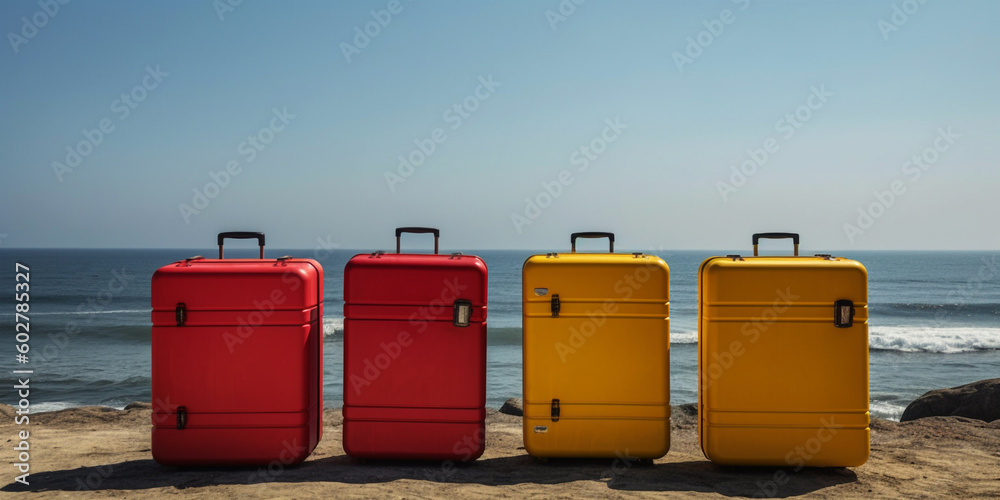 Colorful suitcases at the beach. Generative AI Colorful suitcases at the beach. Generative AI