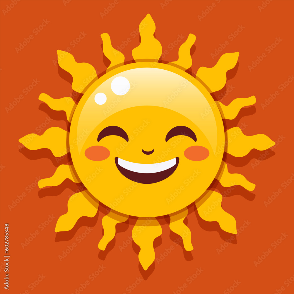 Laughing sun. Sun character. Sun in cartoon style. Vector clipart isolated on red background.