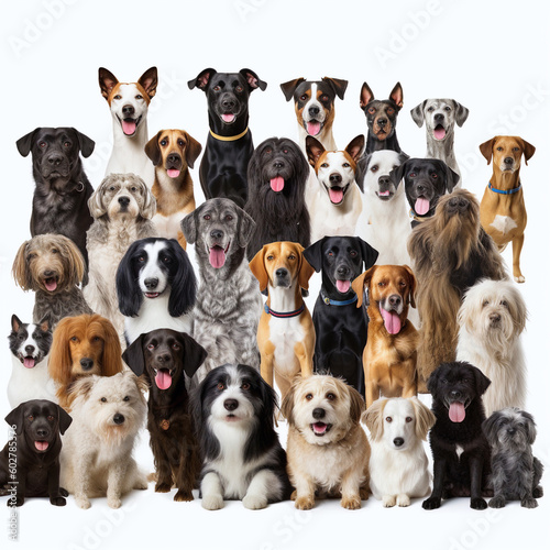 Large group of different dogs in front of a white background Generative AI © matsiash