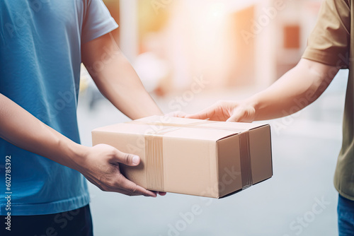 Man's hands accepting a delivery of box or parcel. Cardboard box delivery, gift concept. Generative AI © MVProductions