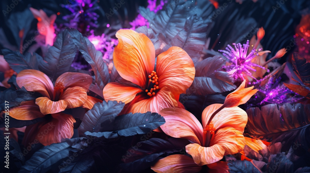 Fototapeta premium Iridescent Botanical Flowers and Leaves on Moody Black Background with Tropical Glow - Neon Futuristic Plants - Generative AI