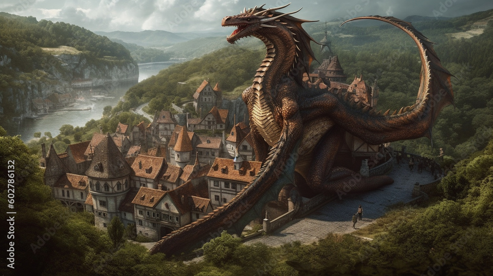 A massive dragon curled up around a medieval village, offering protection Generative AI A massive dragon curled up around a medieval village, offering protection Generative AI