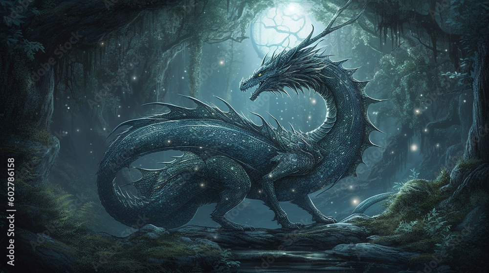 A dragon with shimmering scales gliding through a moonlit forest Generative AI