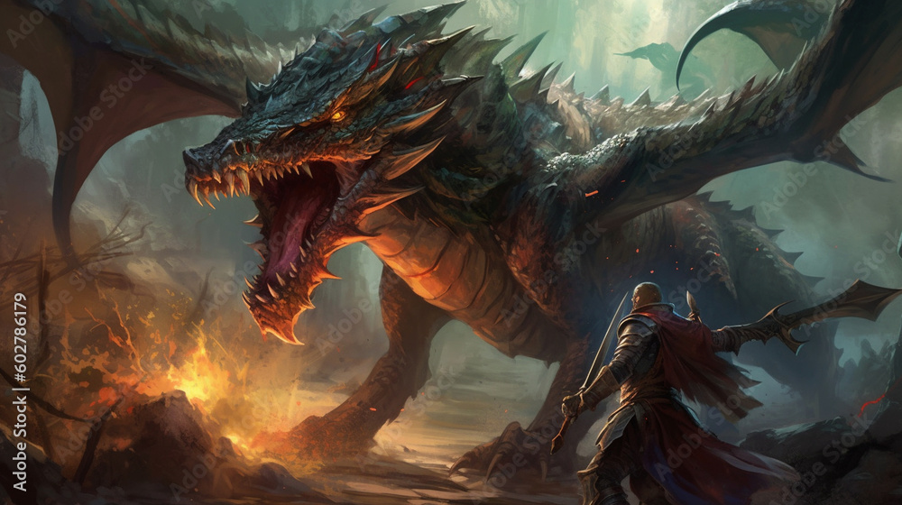 A fearsome dragon locked in battle with a valiant knight, sparks flying Generative AI A fearsome dragon locked in battle with a valiant knight, sparks flying Generative AI