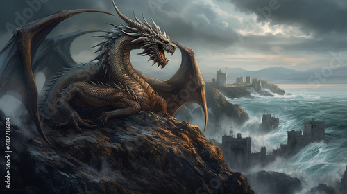 A fearsome dragon perched on a rocky cliff, overlooking a stormy sea Generative AI