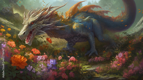 A playful dragon playfully chasing its own tail amidst a field of blooming flowers Generative AI © Наталья Евтехова
