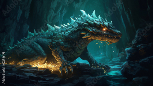 A dragon with bioluminescent scales  lighting up a dark cavern Generative AI