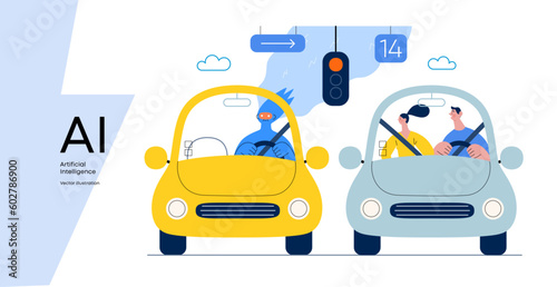 Artificial intelligence, Driving -modern flat vector concept illustration of An artificial intelligence-controlled car. Metaphor of autonomous vehicle, AI superiority and dominance concept
