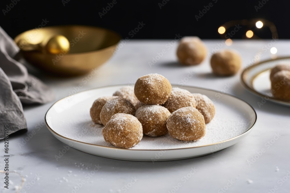 plate filled with powdered sugar-coated donuts on a white background Generative AI plate filled with powdered sugar-coated donuts on a white background Generative AI