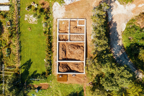 Aerial Drone Shot Of Foundations, Construction Site Platform and armature
