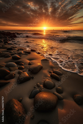 Beautiful sunset on rocky beach shore generative AI