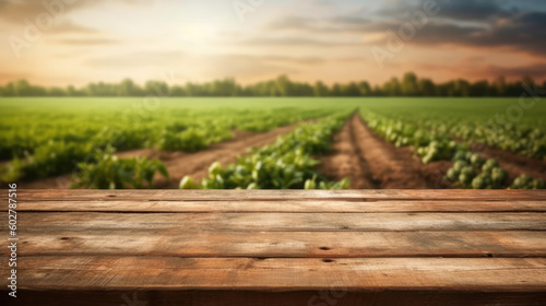 Farm Fresh Delights. An empty wood table with ample space set against a picturesque vegetables field background. Copy Space. Nature s bounty AI Generative
