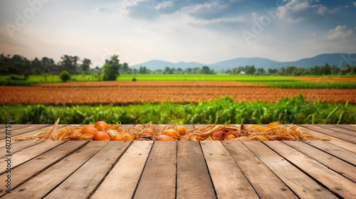 Farm Fresh Delights. An empty wood table with ample space set against a picturesque vegetables field background. Copy Space. Nature s bounty AI Generative