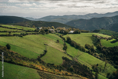 beautiful view of meadows and mountains at dawn north spain