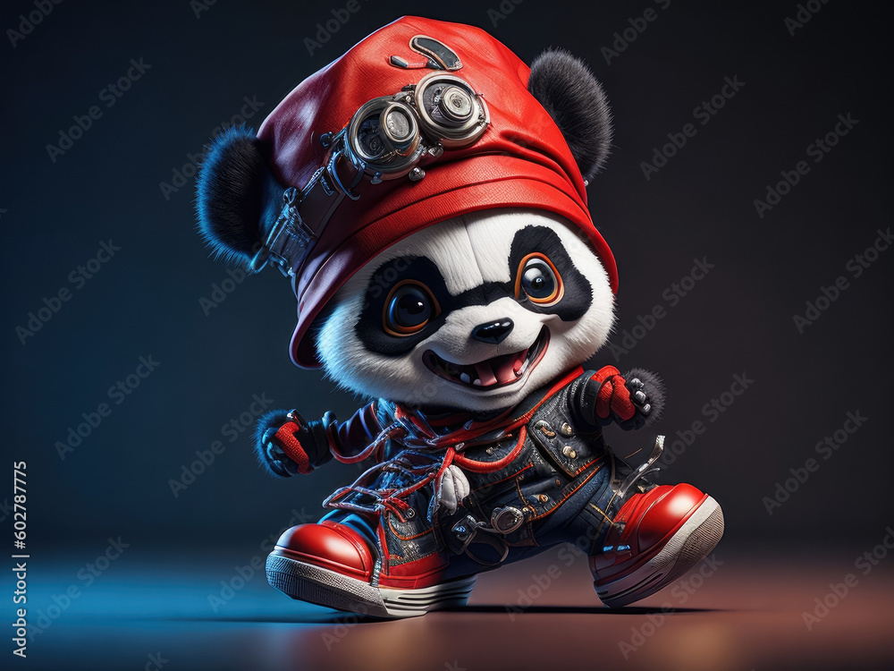 A lively and adorable panda, dressed in a red hat and clothing, joyfully dances on a dark background. Generative AI, AI. A lively and adorable panda, dressed in a red hat and clothing, joyfully dances on a dark background. Generative AI, AI.