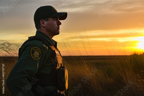 US border patrol officer looking at the distance, generative AI