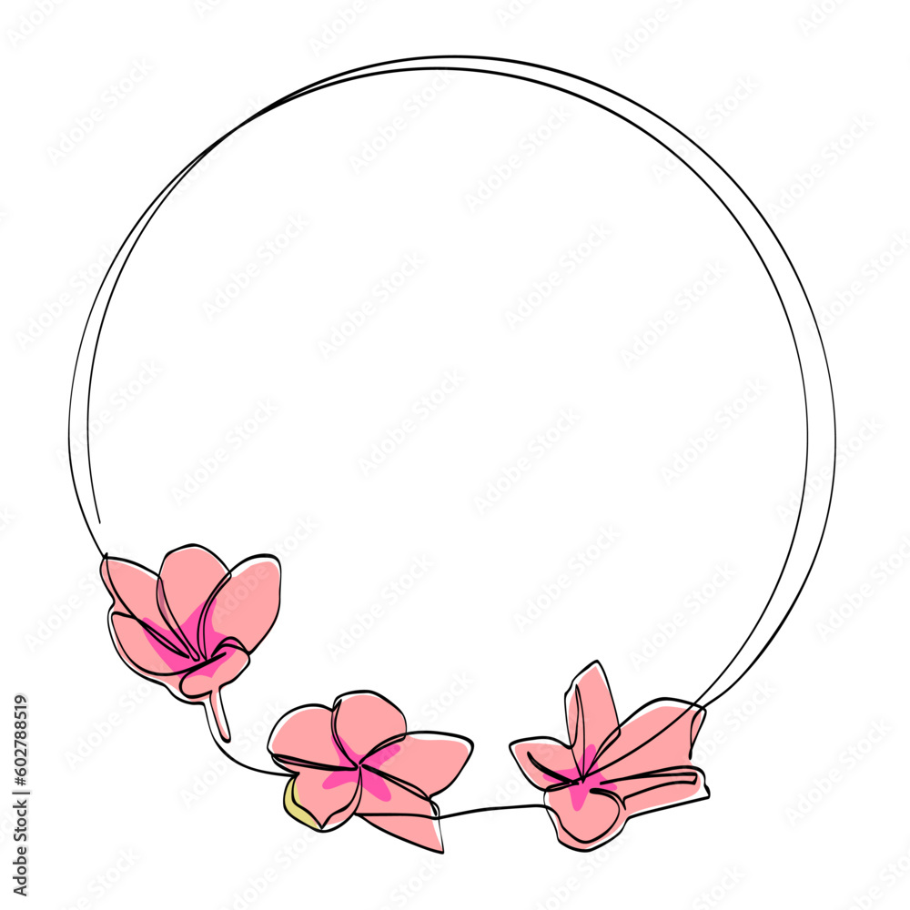 frangipani and circle frame in simple sketch vector single or continuous line

