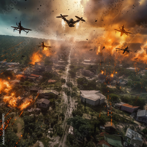 Experience the intensity of this illustration featuring drones flying over city buildings amidst explosive action. The stark depiction of urban conflict is both gripping and thought-provoking