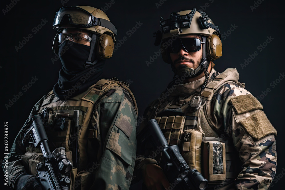Two soldiers posing.These soldiers are heavily armed and equipped, wearing full military gear and carrying weapons such as rifles and grenades. Generative AI
