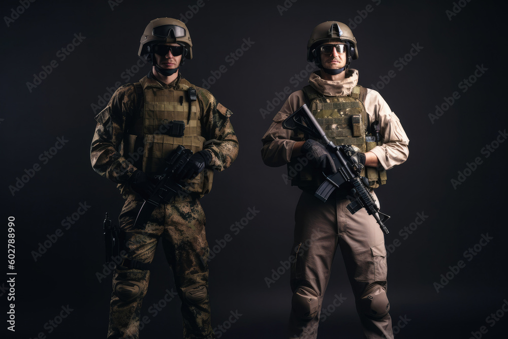 Two soldiers posing.These soldiers are heavily armed and equipped, wearing full military gear and carrying weapons such as rifles and grenades. Generative AI Two soldiers posing.These soldiers are heavily armed and equipped, wearing full military gear and carrying weapons such as rifles and grenades. Generative AI