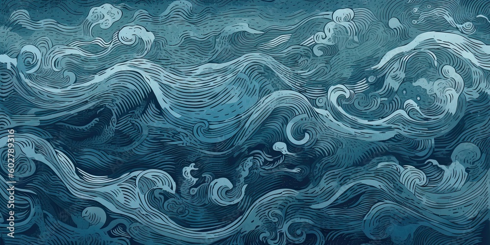 Fototapeta premium Japanese traditional Ukiyoe blue Rough waves are lively and dynamic Abstract, Elegant and Modern AI-generated illustration