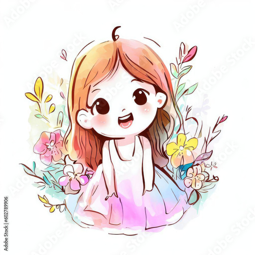 Colorful Watercolor Cute Girl Artwork with Botanical Accents  Generative AI