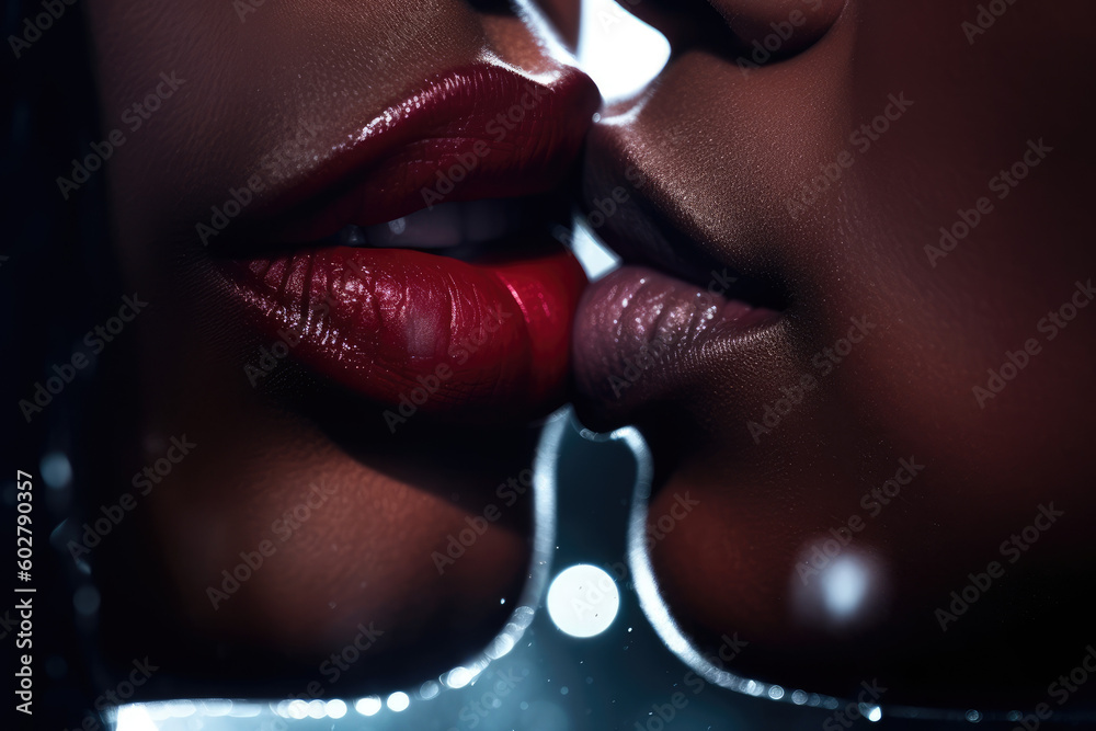 The power of a kiss, sexy beautiful african lesbian couple lips closeup kissing seductive black woman, erotic, glamour, sensual, lgbt, kiss concept AI Generative - obrazy, fototapety, plakaty 