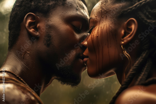 The power of a kiss, sexy beautiful african couple lips closeup kissing seductive black man and woman, erotic, glamour, sensual kiss concept AI Generative