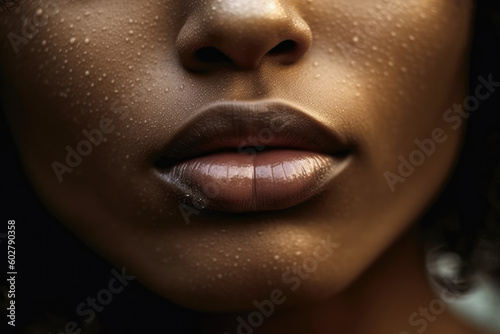 Sensual Black Woman Lips. Hyper-realistic photography capturing the beauty and allure of black woman lips. Glamour concept AI Generative