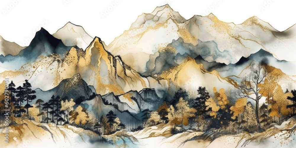 Majestic Mountain Watercolor. Stunning landscape illustration featuring mountains in watercolor with golden line art details. Art concept AI Generative