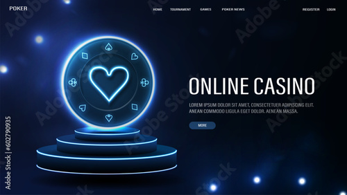 Neon chip for casino games on the podium. A web banner with a platform on a blue background.
