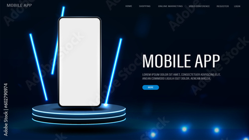 A web banner with a smartphone with a glowing white screen on a bright podium with neon lights.