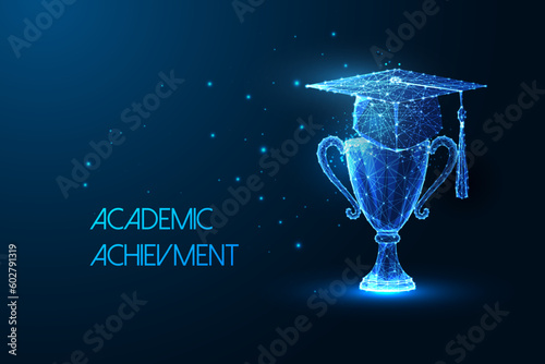 Concept of academic achievement, college degree in futuristic style with graduation cap and trophy