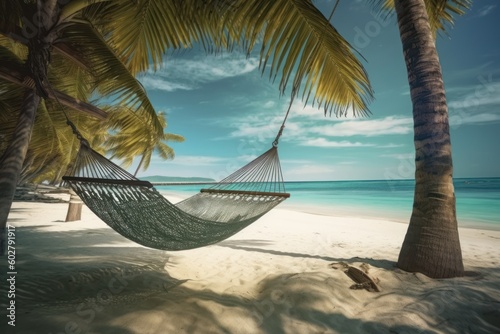 A panorama shot of a tropical beach with a hammock swaying in the breeze, inviting viewers to relax and unwind. Perfect for promoting tranquil beach resorts. Generative AI © bluebeat76