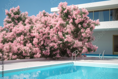 A buganvillea plant in full bloom next to a swimming pool, creating an idyllic vacation scene. Generative AI photo